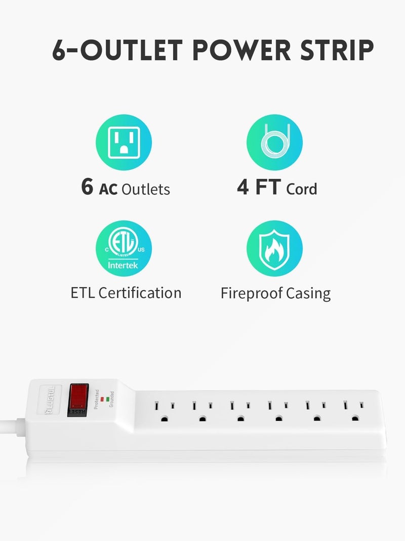 PLUGTUL 2 Pack Surge Protector (980 Joules), Flat Plug Power Strip, 4FT Extension Cord with Multiple Outlets, 6 Outlets, ETL Listed, 14 Gauge, Wall Mountable for Home Office Garage, White - Image 2